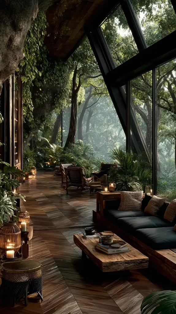 A stunning living space nestled within a lush forest.  Large angular windows offer panoramic views of the surrounding trees, while the interior features a rich, dark wood floor and furniture.  The room is adorned with potted plants, creating a seamless blend of indoor and outdoor environments.  Ambient lighting from candles adds to the cozy and tranquil atmosphere.  The overall design is luxurious and evokes a sense of peaceful seclusion.