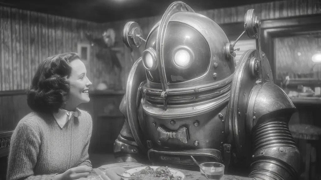 A black and white still image shows a woman with dark, wavy hair smiling at a large, metallic robot. The robot, with its round head, glowing eyes, and segmented body, sits across from her at a table.  The setting appears to be a rustic diner or restaurant, creating a stark contrast between the futuristic robot and the vintage atmosphere.  The woman seems amused or intrigued by the robot's presence.