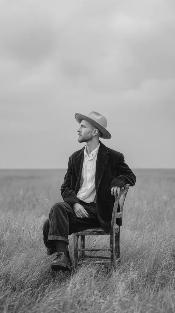 A man in a fedora and corduroy suit sits contemplatively on a rustic wooden chair in a field of tall grass.  The monochrome image evokes a sense of quiet solitude and contemplation against a cloudy sky. His gaze is directed to the horizon, suggesting introspection or a longing for something beyond. The overall mood is melancholic yet peaceful.