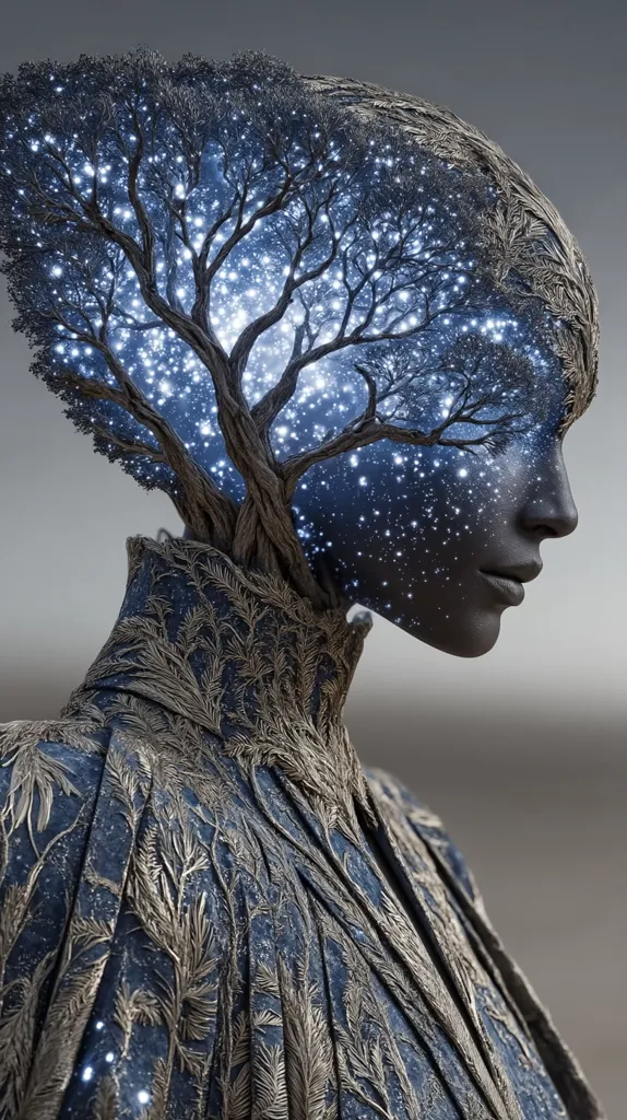A digital artwork depicts a woman's head and shoulders.  Her head is replaced by a celestial tree, its branches filled with glittering stars.  Her dark skin contrasts with the light of the cosmos within.  She wears an intricately detailed, dark garment adorned with metallic, plant-like patterns, echoing the cosmic tree within. The overall aesthetic is ethereal and otherworldly, blending nature and the night sky.