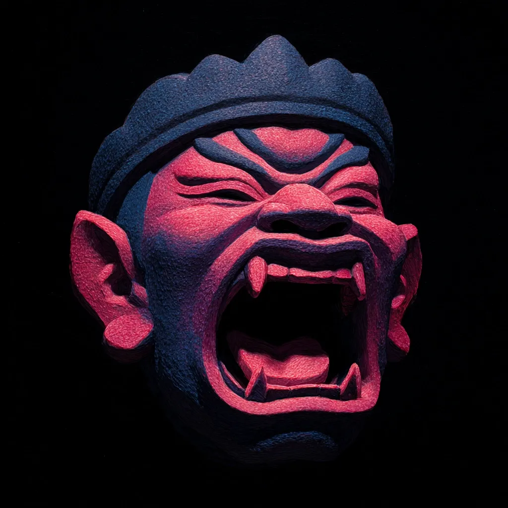 A close-up shot reveals a vibrant, stylized mask.  Predominantly crimson, with darker blue-purple accents, it depicts a demonic or oni-like figure with exaggerated features.  The mask's expression is one of ferocious anger, with a wide, gaping mouth revealing prominent fangs.  The textured surface suggests a material like carved stone or wood.  The dark background isolates the mask, highlighting its intense detail and color.