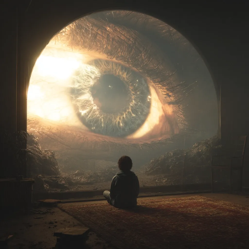A solitary figure sits cross-legged on a rug in a dilapidated room, gazing at a colossal eye filling an arched window.  The eye, glowing with an ethereal light, dominates the scene, its intricate details stark against a desolate, post-apocalyptic landscape beyond. The overall atmosphere is surreal and unsettling, hinting at a mysterious and possibly ominous presence.