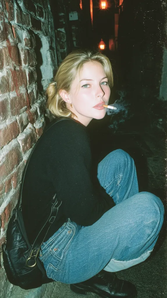 A young woman with blonde hair sits crouched in a dimly lit alleyway, leaning against a brick wall. She wears a black long-sleeved shirt and blue jeans, and she's smoking a cigarette. The image has a dark, gritty, and slightly grainy quality, evocative of street photography.  Her expression is somewhat pensive. A black bag hangs from her shoulder.