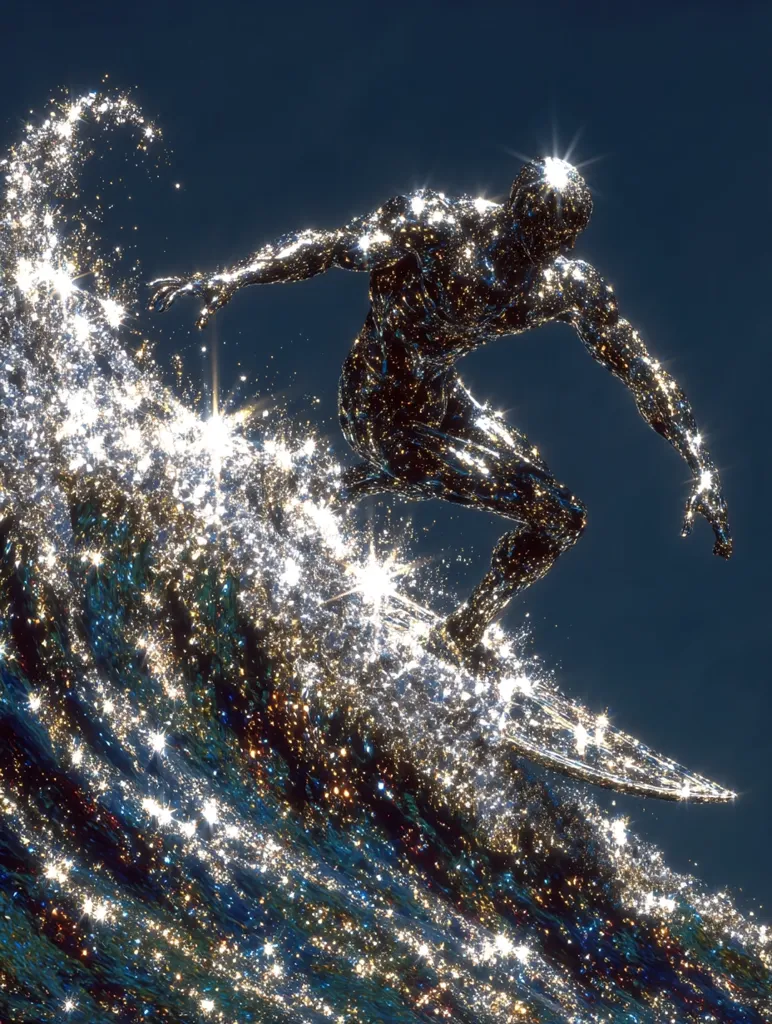 A stylized image depicts a metallic, glistening surfer riding a wave.  The surfer and wave are rendered with a sparkling, celestial effect, appearing almost crystalline.  The dark blue background contrasts sharply with the bright, shimmering details, creating a dramatic and otherworldly scene. The surfer's pose suggests dynamic movement and skill.