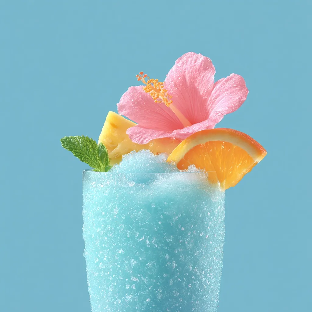 A refreshing blue frozen drink is garnished with a vibrant pink hibiscus flower, a slice of orange, and a piece of pineapple.  A sprig of mint adds a touch of green. The icy texture of the drink is visible, suggesting a cool and delicious summer beverage. The bright blue background enhances the tropical feel.