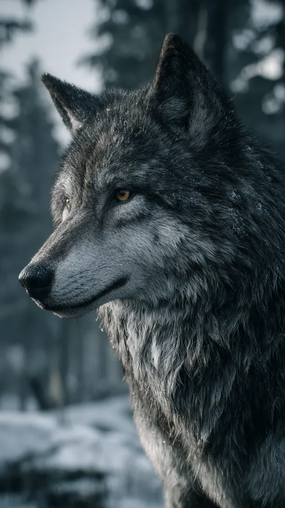 A majestic grey wolf, its fur dusted with snow, stands in a winter forest.  Its amber eyes gaze intently to the side, showcasing a powerful and watchful expression. The wolf's thick, textured coat and sharp features are highlighted against the blurred background of snow-covered trees.  The overall mood is one of serene wildness and untamed beauty.