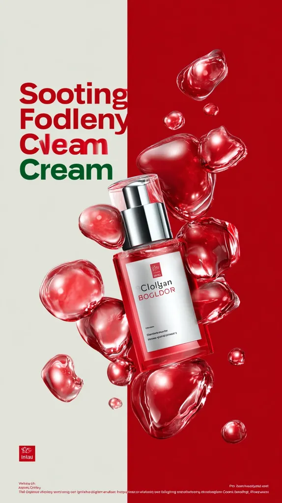 This advertisement showcases Clollyan Bogldor Soothing Fodleny Cream.  The product is depicted in a sleek bottle, surrounded by vibrant, red, liquid-like bubbles against a red and off-white background. The text emphasizes the cream's soothing properties.  The overall aesthetic is clean, modern, and luxurious.