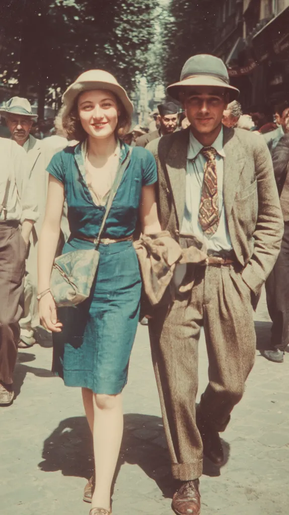 A color photograph from the mid-20th century shows a young couple walking down a city street. The woman wears a teal dress, a wide-brimmed hat, and carries a shoulder bag. The man is dressed in a tweed suit and fedora.  They stroll arm-in-arm, surrounded by other pedestrians on a sunny day. The background suggests a bustling European city with trees lining the street. The image has a vintage, nostalgic quality.