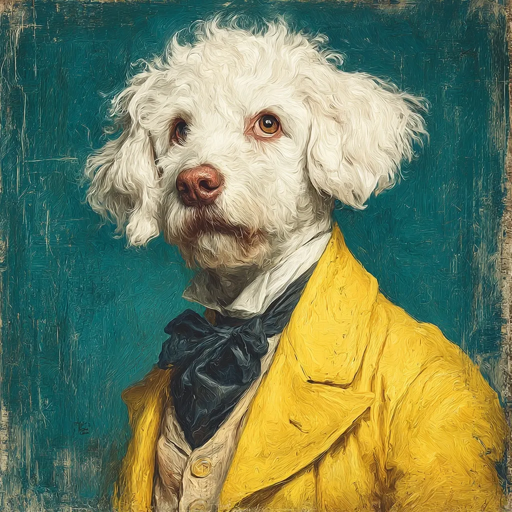 A fluffy white dog, possibly a Lagotto Romagnolo, is depicted in a classical portrait style.  The dog is elegantly attired in a yellow coat and a dark cravat, creating a whimsical and sophisticated image. The painting's texture suggests an oil on canvas effect, adding to its old-master feel. The teal background complements the dog's coat and attire.