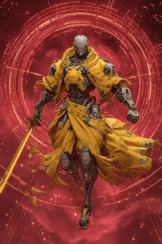 A majestic robotic figure, clad in gleaming yellow robes, stands against a vibrant red backdrop swirling with luminous concentric circles.  The robot wields a golden sword, its mechanical form subtly contrasting with the flowing fabric.  The overall image evokes a sense of power and otherworldly grace, hinting at a science fiction or fantasy setting.  The artwork's detail is striking, showcasing the intricate design of both the robot and its attire.