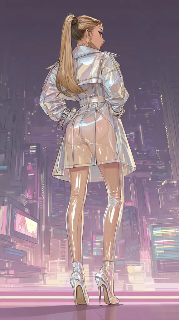 A stylized illustration depicts a woman with long blonde hair in a ponytail, wearing a transparent iridescent trench coat and matching high heels.  She stands with her back to the viewer, overlooking a vibrant, futuristic cityscape at night. The city skyline is filled with tall buildings and glowing lights, creating a cyberpunk aesthetic.  The overall style is sleek and fashionable, emphasizing the woman's silhouette against the backdrop.