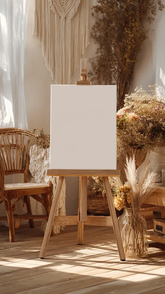 A blank white canvas stands on a light wooden easel in a sunlit room.  The room is decorated in a bohemian style with woven chairs, dried flowers in vases, and a macrame wall hanging.  Warm, natural light casts shadows across the wooden floor. The overall aesthetic is calm and inviting, suggesting a creative space.