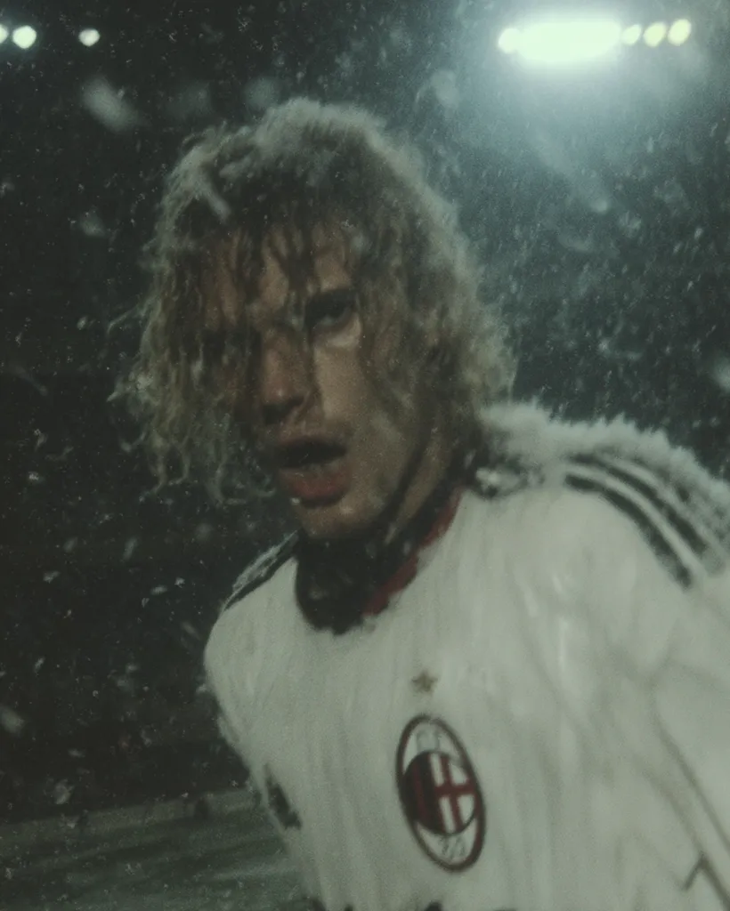 A close-up shot of a young man, his face partially obscured by wet, long curly hair, is captured in the midst of a snowy night. He is wearing a white soccer jersey, adorned with the AC Milan emblem, and is drenched in what appears to be snow or rain. The background is blurred but shows stadium lights in the distance, contributing to a dramatic atmosphere. The overall image evokes a sense of intensity and struggle.