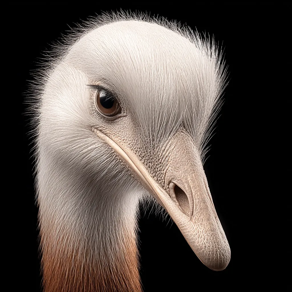 Close-up of a Darwin's rhea's head and neck against a black background.  The bird's soft, fluffy plumage is predominantly white on top, transitioning to a reddish-brown on its neck. Its dark eye is visible, and its beak is a muted grayish-brown. The image showcases the texture and detail of the rhea's feathers and skin.