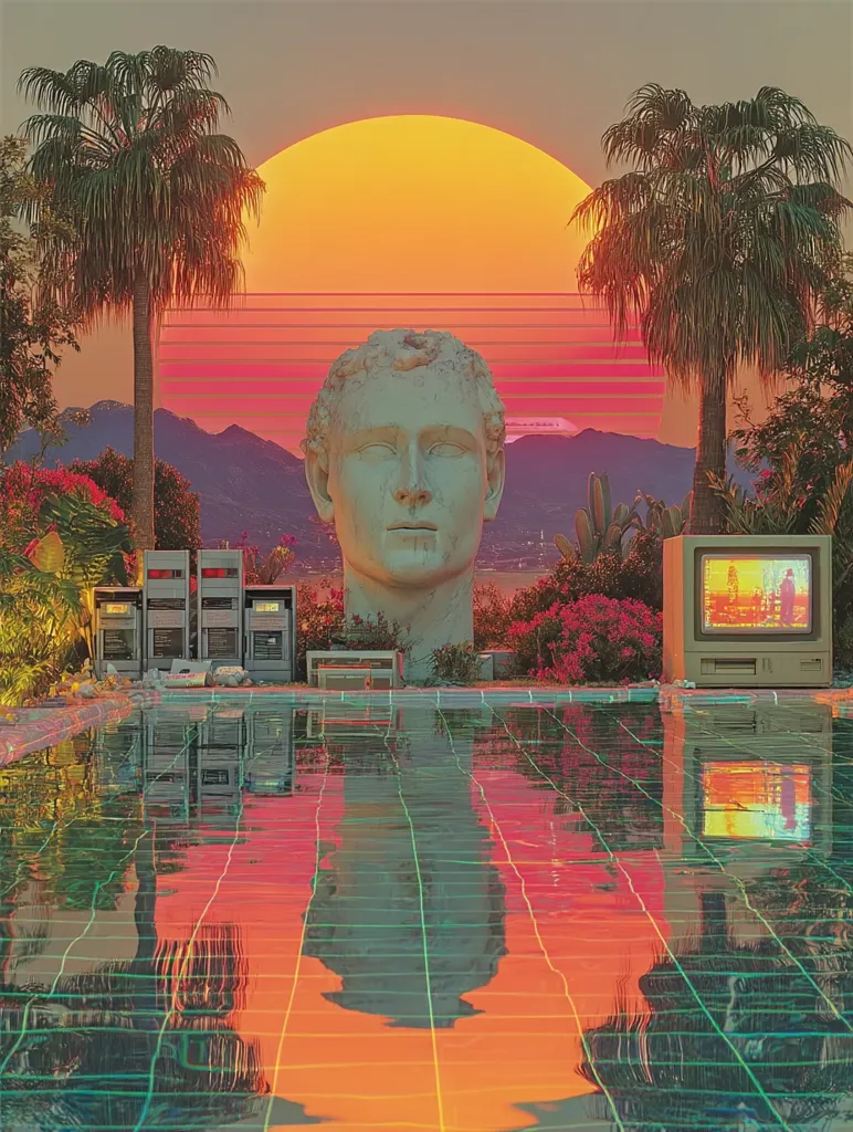 A vibrant, retro-futuristic scene depicts a serene pool reflecting a large, classical bust.  Palm trees frame a sunset backdrop featuring a large orange sun and retro-styled lines.  Vintage computer equipment sits by the pool, contrasting the ancient sculpture. The overall aesthetic evokes a nostalgic, 80s-inspired vibe.