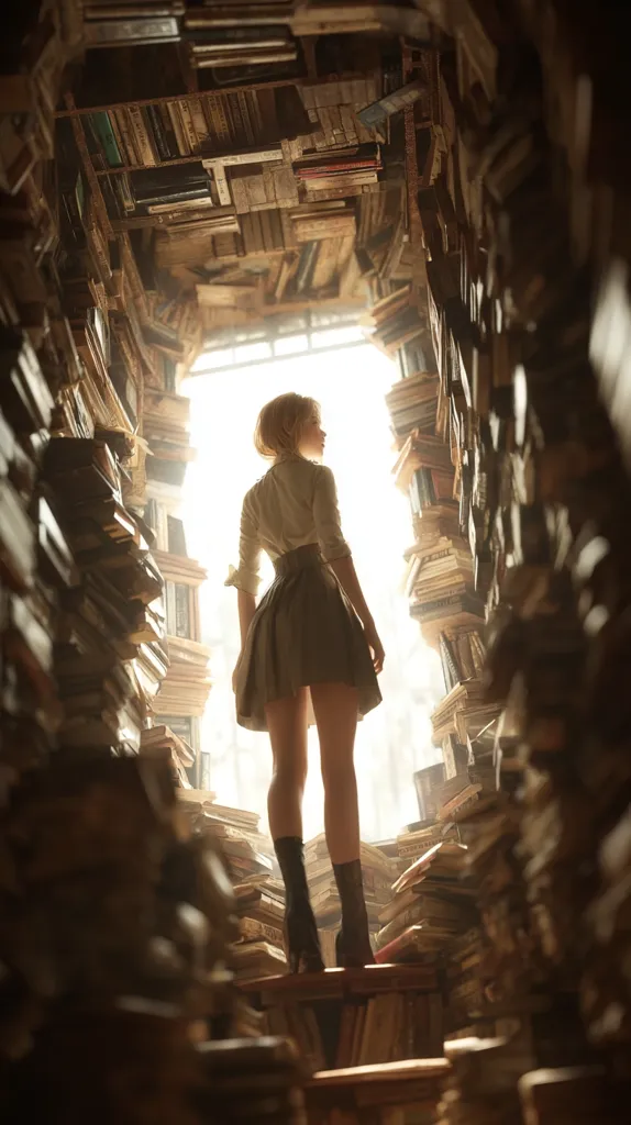 A young woman in a pleated skirt and blouse stands at the end of a tunnel overflowing with stacked books.  Sunlight streams from the opening ahead, illuminating her as she gazes towards the light. The scene is surreal and dreamlike, suggesting a journey of discovery or a metaphorical path through knowledge. The sheer volume of books creates a sense of overwhelming abundance and the weight of history.