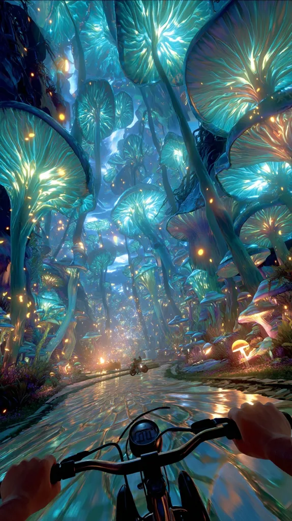 A surreal, vibrant landscape unfolds, dominated by colossal, glowing bioluminescent mushrooms forming a canopy over a glistening path. Two figures on motorcycles precede a cyclist, their journey through this ethereal forest illuminated by the mushrooms' otherworldly light and scattered sparks. The scene is a captivating blend of fantasy and futuristic elements, creating a dreamlike atmosphere.