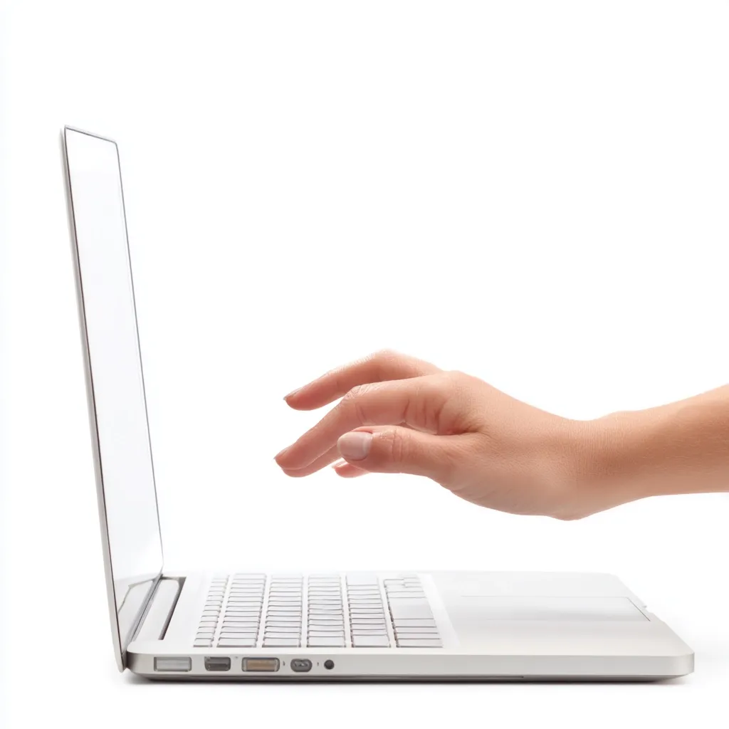 A woman's hand hovers over a silver laptop keyboard, positioned to the left of the screen.  The laptop is open, showcasing a blank screen. The scene is set against a clean white background, emphasizing the simplicity of the interaction between the hand and technology. The image suggests ease of use and modern technology.