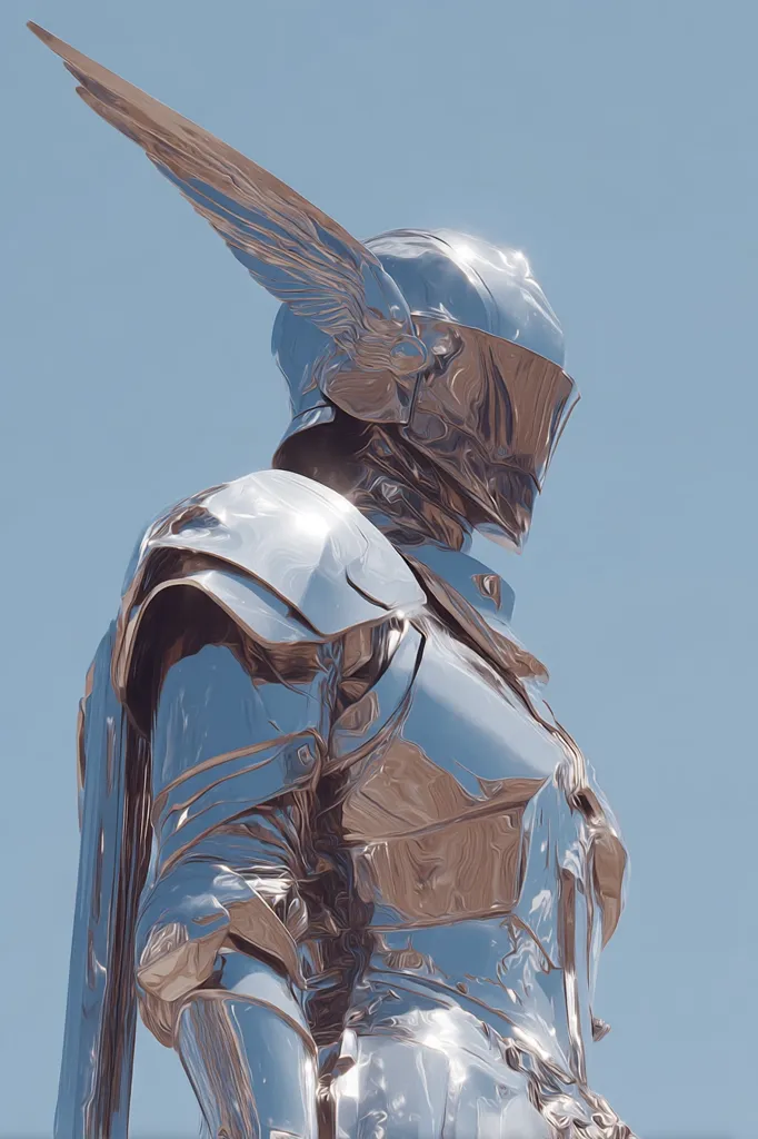 A gleaming chrome statue, possibly a knight or angel, stands against a clear blue sky.  The figure is clad in highly reflective armor, with a large, winged helmet. The detail is sharp, emphasizing the smooth, metallic surfaces and intricate design of the armor. The overall aesthetic is futuristic and elegant. The statue's pose is still and imposing.
