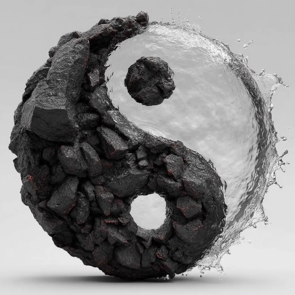 A 3D rendering depicts a yin-yang symbol formed by contrasting elements.  One half is composed of dark, rough, fragmented rocks, while the other is smooth, flowing water, creating a visual representation of opposing yet interconnected forces. The image is striking in its contrasting textures and symbolic representation of balance and harmony.  The water splashes outward, adding dynamism to the still, rocky form.