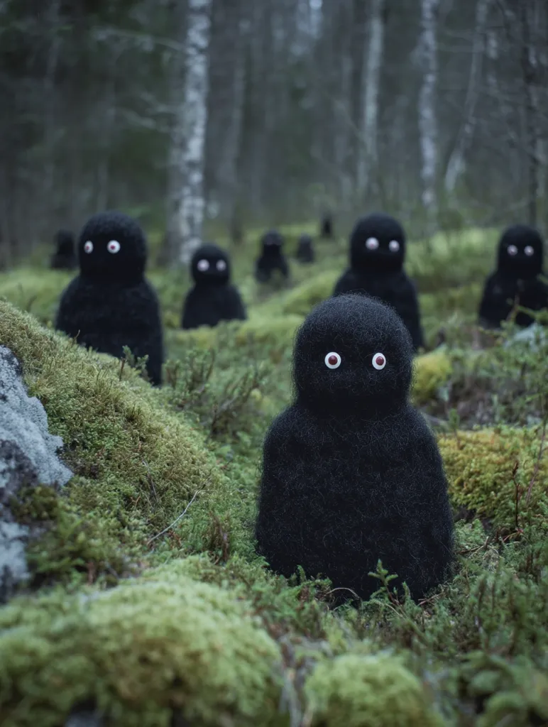 A group of small, black, furry creatures with large eyes are nestled amongst moss-covered rocks in a dark forest.  They appear to be hand-knitted or felted, resembling mythical woodland sprites.  The scene is moody and atmospheric, emphasizing the mysterious nature of the creatures and their woodland habitat.  The depth of field focuses on one creature in the foreground, drawing attention to its texture and expression.