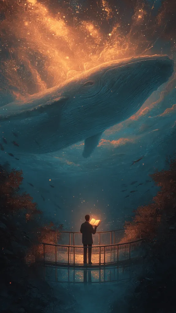 A man stands on a bridge at night, reading a glowing book. Above him, a colossal whale floats in a surreal, underwater cosmos.  The water glows with bioluminescence, and orange nebulae fill the space above.  The scene is dreamlike and evokes a sense of wonder and mystery. The artwork's style is digital, with a focus on atmospheric perspective and color.
