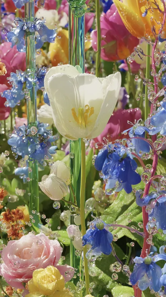 A vibrant close-up captures a diverse array of flowers, including a prominent white tulip, surrounded by blue, pink, and yellow blossoms.  The image features glass stems interspersed among the blooms, creating a surreal, almost underwater effect. Water droplets cling to the petals and leaves, enhancing the garden's luminous quality.  The overall scene evokes a feeling of ethereal beauty and delicate balance.