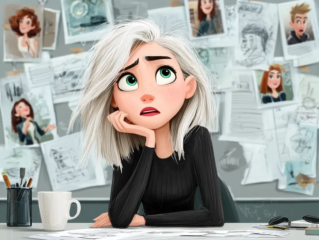 A young woman with short, white hair sits at a desk, her chin resting on her hand, gazing thoughtfully at a wall covered in character sketches and storyboards.  She's wearing a black sweater, and a coffee mug sits beside her. The scene suggests she's an artist or animator, perhaps contemplating her work or a creative challenge.  The overall style is digitally painted, with a soft, expressive quality.