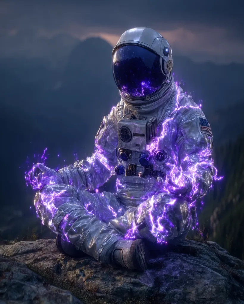 An astronaut, cloaked in vibrant purple energy, sits in a meditative pose atop a rocky outcrop.  The serene twilight scene features a mountainous backdrop, contrasting the cosmic energy emanating from the figure.  The astronaut's suit is detailed, and the overall image blends science fiction with a sense of peace and tranquility. The purple energy appears to flow through the astronaut, creating a visually striking effect.