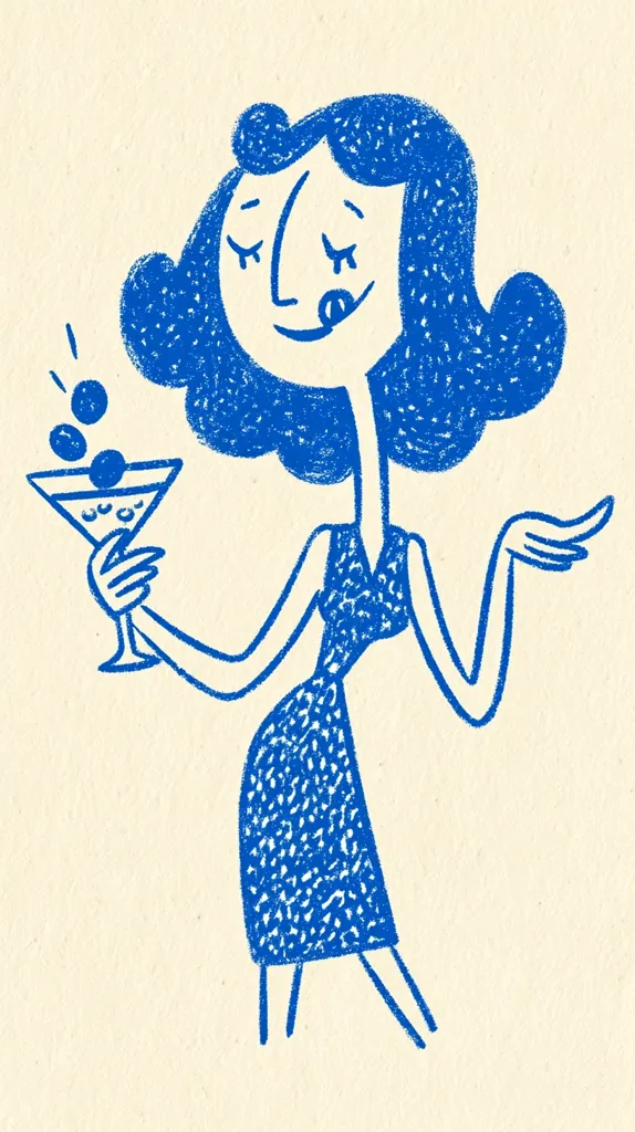 A stylized illustration of a woman in a blue dress holding a martini glass.  Her hair is dark and wavy, and her expression is one of playful contentment.  Blueberries or olives float above the martini glass. The drawing is done in a textured, blue crayon-like style on a cream-colored background, evoking a vintage or retro aesthetic.