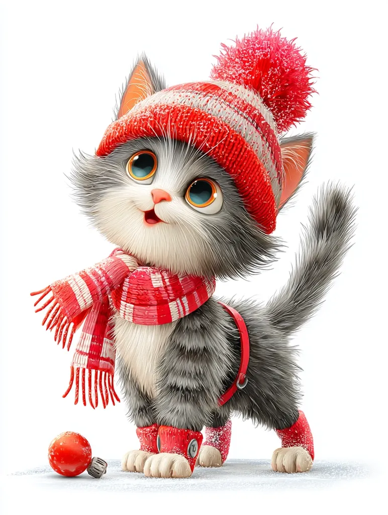 A charming cartoon kitten, adorned in a red knit hat with a fluffy pom-pom, a matching scarf, and tiny red booties, stands on a snowy surface.  Its large, expressive blue eyes and cheerful expression convey a sense of festive joy. A small red Christmas ornament lies nearby, adding to the winter wonderland scene. The kitten's grey and white fur is meticulously detailed, enhancing its adorable appeal.