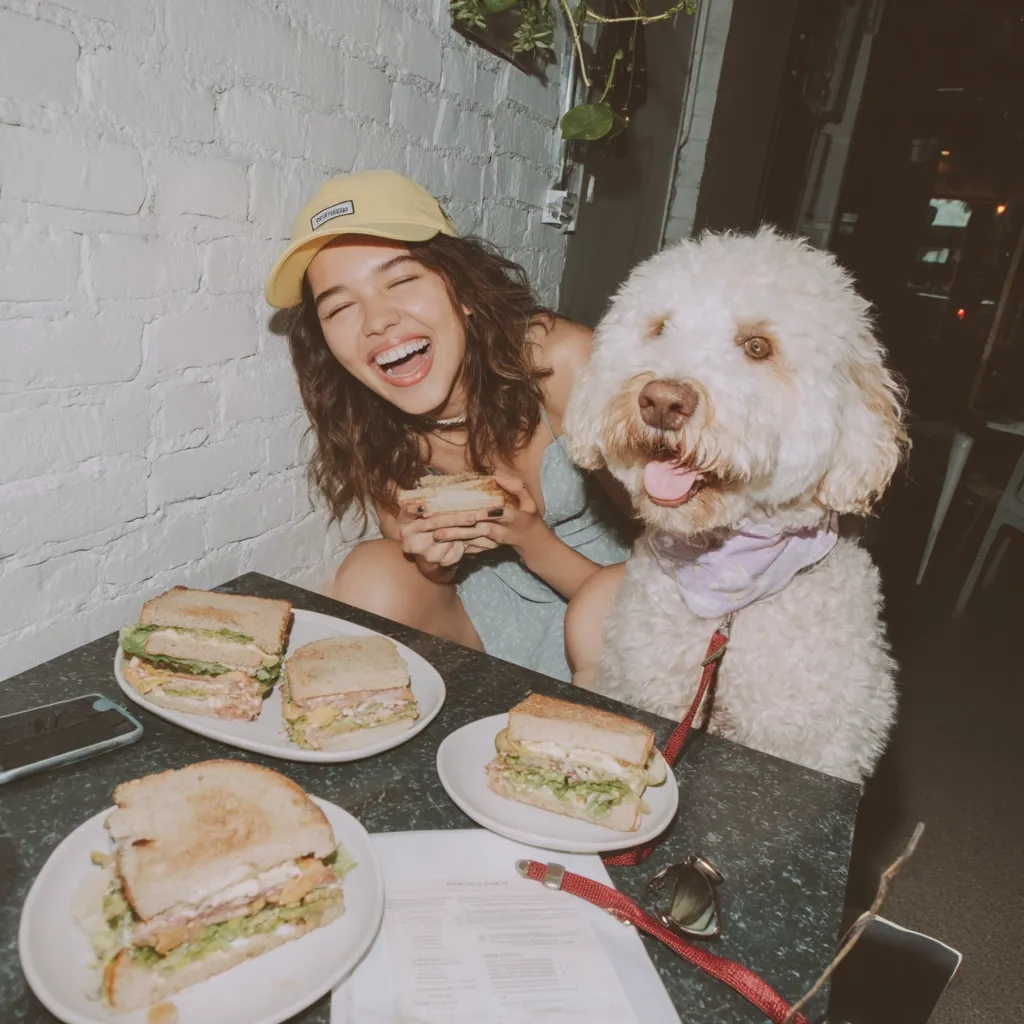 A young woman with long brown hair, wearing a yellow baseball cap and a light blue dress, sits at a table with her fluffy white dog.  They share a meal of several delicious-looking sandwiches on white plates. The woman smiles broadly, holding a sandwich. The scene is casual and cheerful, set in a relaxed, possibly cafe-like atmosphere.  The overall mood is lighthearted and fun.
