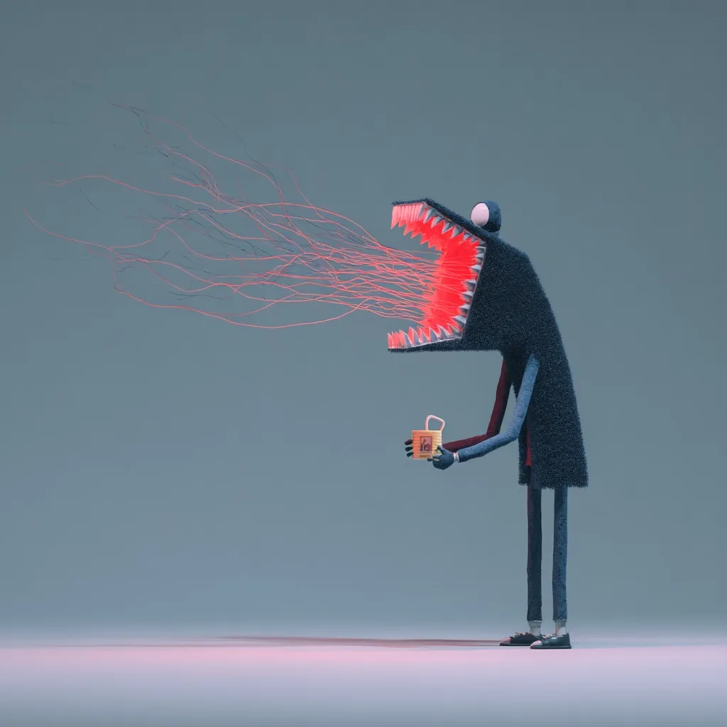 A 3D-rendered illustration depicts a furry, anthropomorphic creature with a monstrous, glowing red mouth.  Thin, red lines emanate from its open maw, contrasting with its dark blue fur and long limbs.  The creature holds a small, wooden box in one hand, creating a surreal juxtaposition of menacing appearance and seemingly gentle action. The background is a muted, greyish-blue.