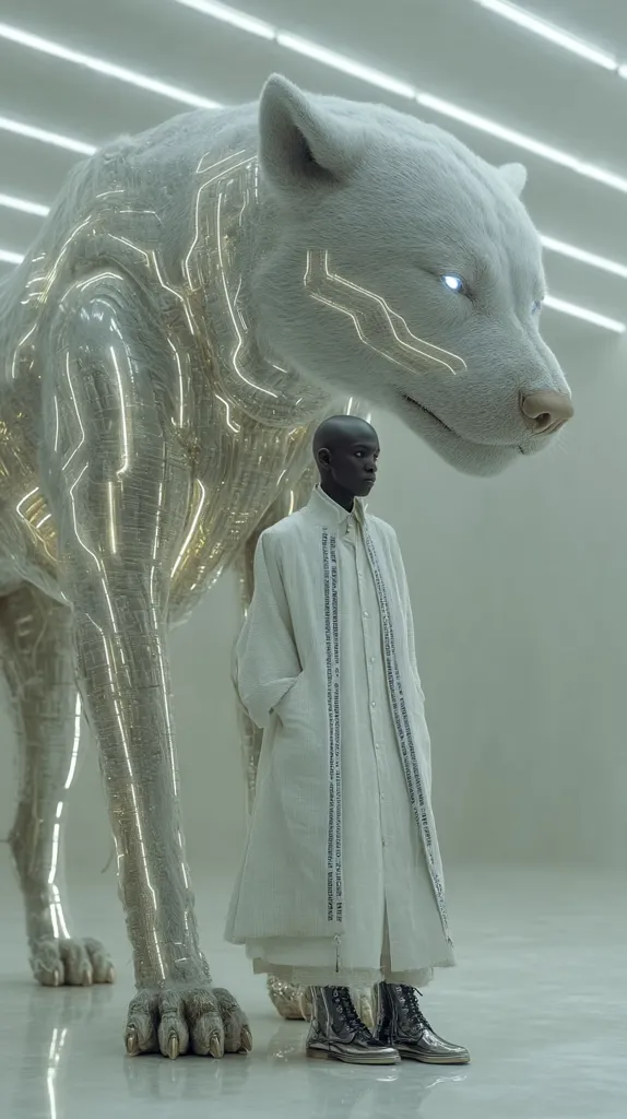 A bald, dark-skinned model in a long, light beige coat stands beside a large, futuristic robotic wolf. The wolf is white with translucent, glowing circuitry visible beneath its fur.  The setting is minimalist and sterile, with a white floor and walls under bright, even lighting. The image has a blend of high fashion and science fiction aesthetics.