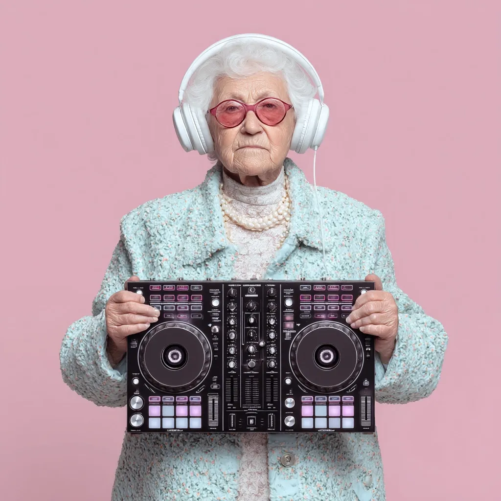 An elderly woman with white hair, wearing pink glasses and white headphones, holds a DJ controller in front of her.  She's dressed in a light blue tweed jacket and a pearl necklace.  The background is a solid pink.  Her expression is serious, conveying a sense of unexpected coolness and a playful juxtaposition of age and modern technology.