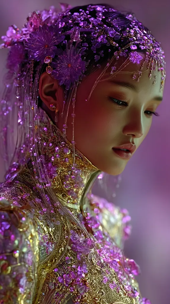A young woman with dark hair adorned with an elaborate headpiece of purple flowers and glittering accents.  She wears a golden, intricately embroidered garment embellished with purple jewels. The overall effect is one of regal elegance and fantasy, with soft lighting enhancing the rich colors and textures. Her expression is serene and downcast.