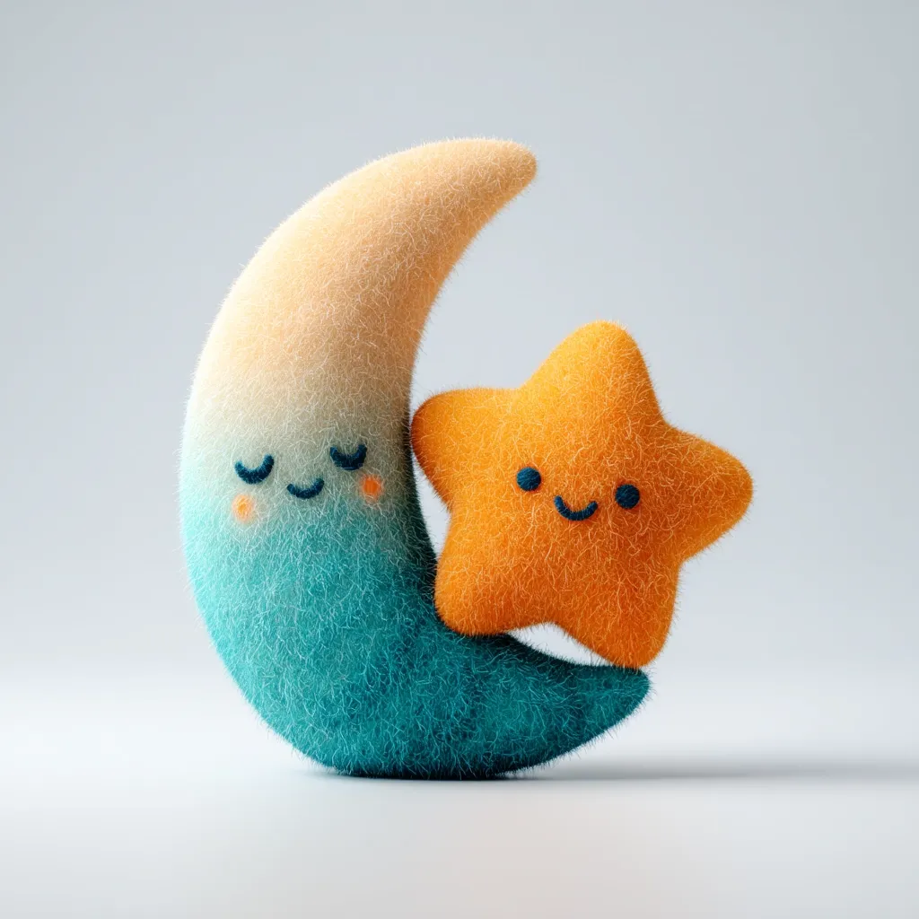 A charming 3D rendering depicts a fluffy crescent moon and a star. The moon, transitioning from peach to teal, has closed eyes and rosy cheeks. The orange star, equally fuzzy, rests on the moon's curve, also possessing a simple, happy face.  Both figures exude a soft, cuddly aesthetic, ideal for children's décor or illustrations. The background is a clean, light grey.