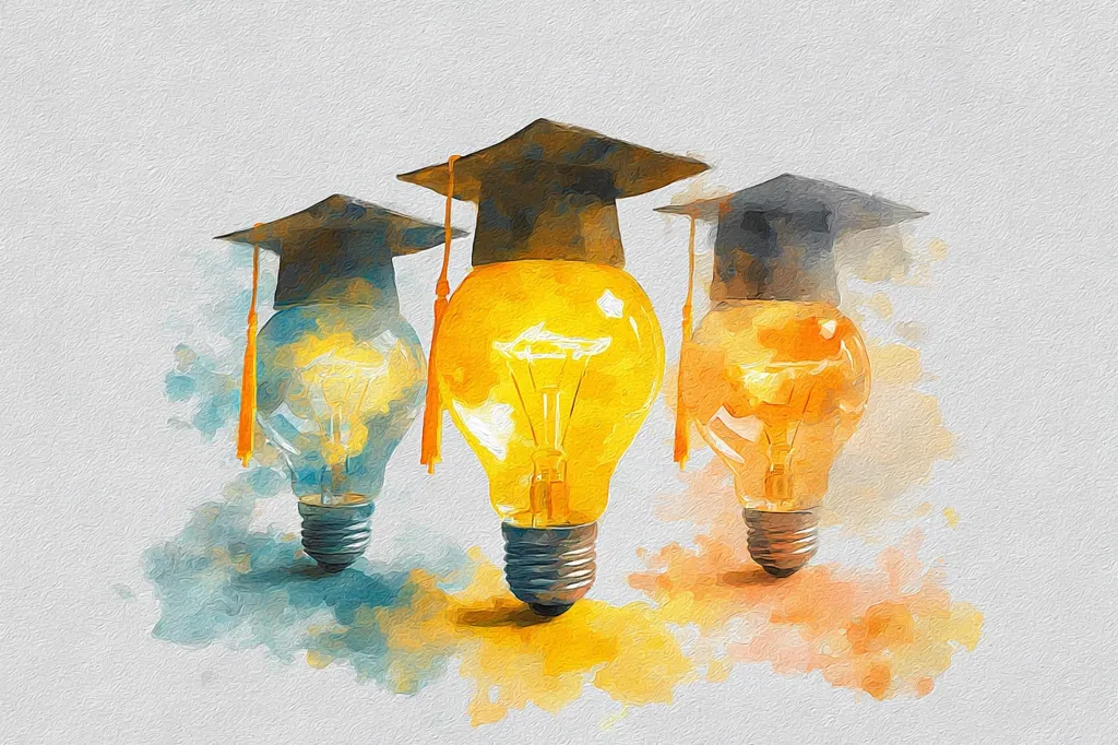 Three light bulbs, each topped with a graduation cap, stand in a row.  The central bulb glows brightly yellow, representing a bright idea or achieved knowledge. The flanking bulbs are softer, suggesting supporting or related concepts. The watercolor style adds a creative and inspirational feel, symbolizing education and enlightenment.