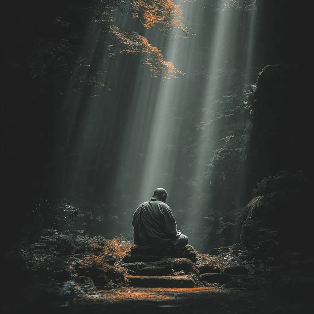 A lone monk sits in serene meditation within a dark, forest-like setting.  Sunlight streams through the dense canopy, illuminating the monk in a shaft of ethereal light.  The scene evokes a sense of peace, solitude, and spiritual contemplation amidst the natural world. The monk's posture and the atmospheric lighting create a powerful image of tranquility.