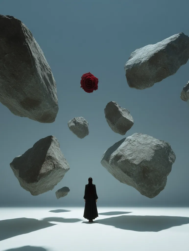 A lone figure in a long black coat stands on a white surface, surrounded by floating grey rocks. A single red rose hovers in the air above. The scene is minimalist and surreal, creating a sense of isolation and contemplation. The muted color palette and stark lighting enhance the otherworldly atmosphere. The image suggests a theme of fragility and resilience amidst challenging circumstances.