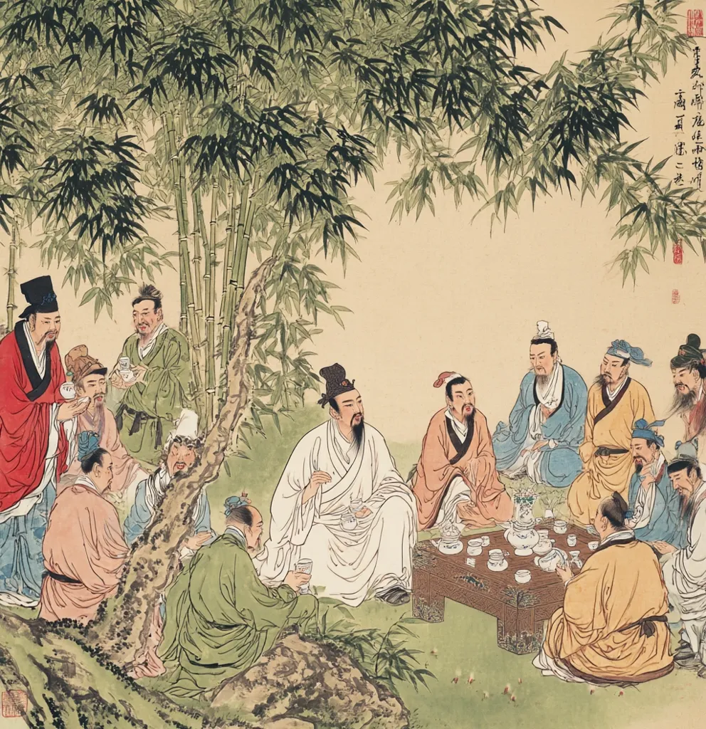 A gathering of numerous men in traditional East Asian attire is depicted, seated beneath a lush bamboo grove.  They engage in a tea ceremony, cups and a teapot visible on a low table at the center.  The scene is serene and suggests a scholarly or aristocratic social event, emphasizing the aesthetic and ritual aspects of tea culture.  The painting's style is detailed and evocative of classical Chinese art.