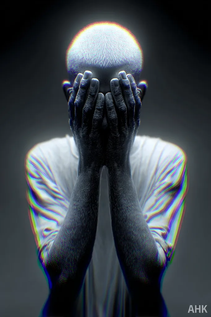 A monochromatic image depicts a person with short hair, their face obscured by hands clasped together.  The figure is dressed in a simple, light-colored garment. A subtle, iridescent glitch effect overlays the image, creating a surreal and melancholic atmosphere. The overall effect is one of distress and concealment.