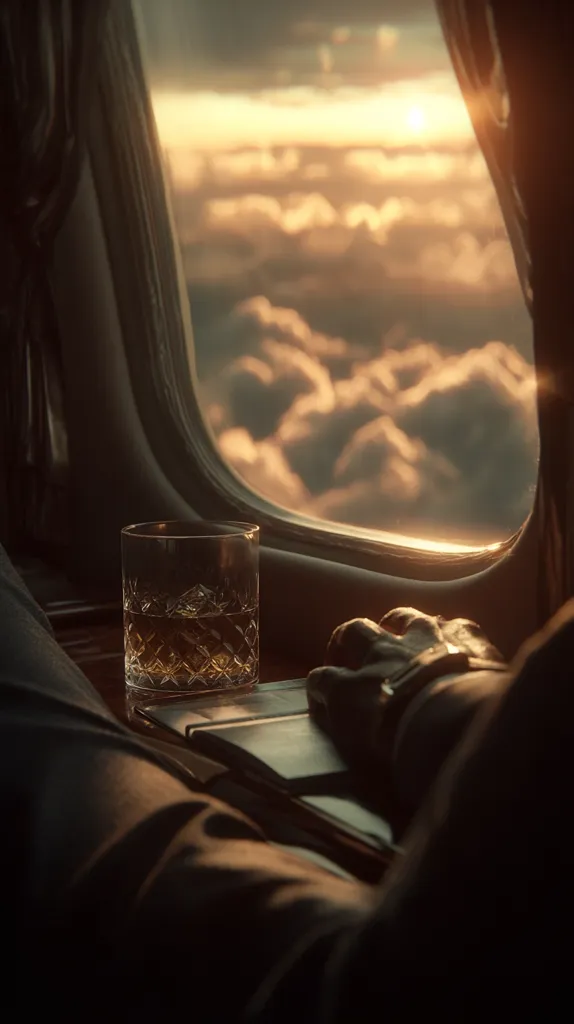A person sits in a luxurious private jet, a glass of amber liquid rests on a nearby table.  The setting sun casts a warm glow on the fluffy clouds visible through the large airplane window.  A hand, adorned with a watch, rests on a notebook, suggesting work or contemplation during the flight. The overall atmosphere is one of sophisticated travel and quiet reflection.