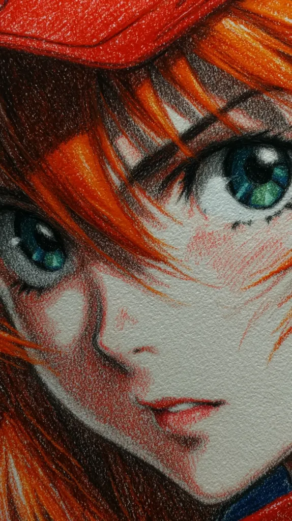A close-up colored pencil drawing of a young woman's face.  She has vibrant orange hair partially obscuring her face, large expressive green eyes, and a subtle smile. The detailed rendering emphasizes the texture of her hair and skin, creating a realistic effect.  Her red cap is visible at the top of the image. The style is reminiscent of anime or manga art.