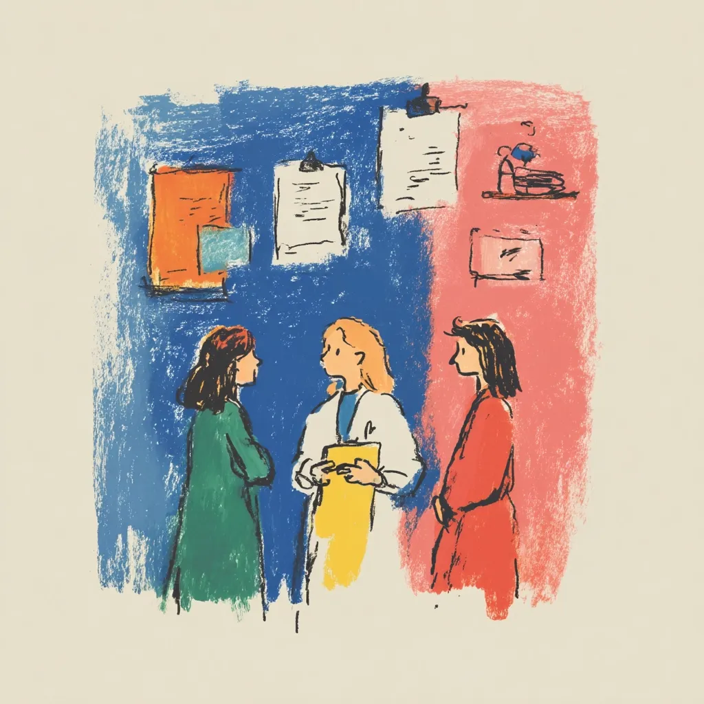 A pastel-colored illustration depicts three women in a room with a blue and pink wall.  Documents are pinned to the walls. A woman in a white coat, holding a yellow folder, stands centrally, flanked by two women, one in green and the other in red. The scene suggests a doctor's office or a consultation. The style is loose and expressive, with visible brushstrokes adding texture.