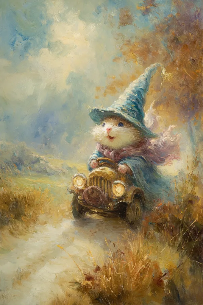 A whimsical painting depicts a cheerful, fluffy hamster wearing a blue wizard hat and robe.  The hamster joyfully drives a vintage car down a country road. The scene is bathed in soft, warm light, with autumnal hues in the background. The overall style is impressionistic and evokes a sense of magical adventure.
