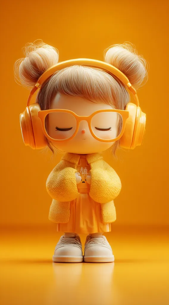 A cute, 3D-rendered girl with blonde hair in pigtails wears oversized yellow headphones and glasses.  She's dressed in a matching yellow sweater and skirt, and white sneakers. Her eyes are closed, suggesting a peaceful or meditative state. The vibrant yellow background complements her outfit, creating a cheerful and monochromatic image.