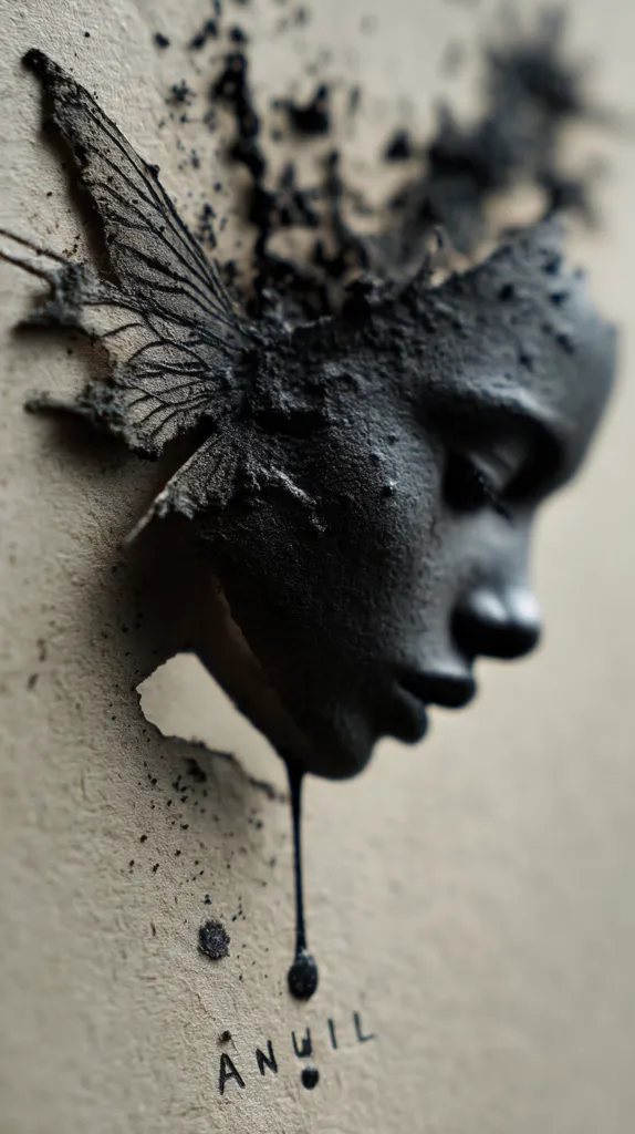 A close-up of a dark, sculpted artwork depicting a face with a decaying, wing-like feature.  The material appears rough and textured, with a dark, almost charcoal-like substance forming the main body.  A black drip extends from the sculpture's chin. The word "ANVIL" is inscribed below, adding to the piece's somber and slightly melancholic mood. The background is a light beige, providing contrast.