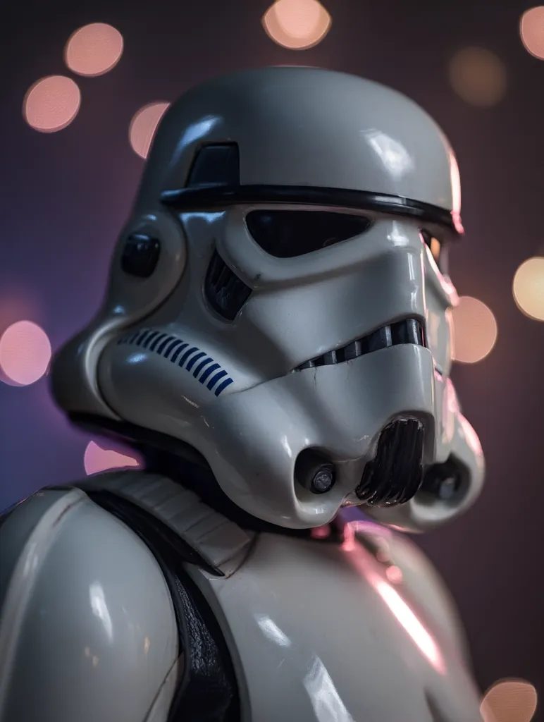 Close-up view of a Stormtrooper helmet and shoulder armor. The helmet is predominantly white with subtle gray accents and a black mouthpiece.  The background is blurred, featuring a bokeh effect of warm-toned lights, creating a dramatic contrast with the stark white of the Imperial soldier's attire.  The image emphasizes texture and detail on the helmet's surface.
