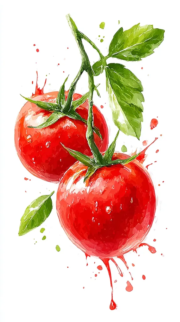 A watercolor painting depicts two juicy, red tomatoes on the vine.  Water droplets glisten on their skin, and vibrant green leaves add a fresh touch.  Splattering red paint around the tomatoes suggests a burst of freshness and ripeness.  The style is vibrant and realistic, capturing the texture and color of the tomatoes with detail.